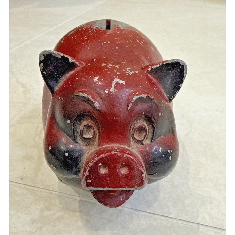Vtg Cast Metal Red Painted Baby Pig Piggy Bank First National Bank Liberty MO**